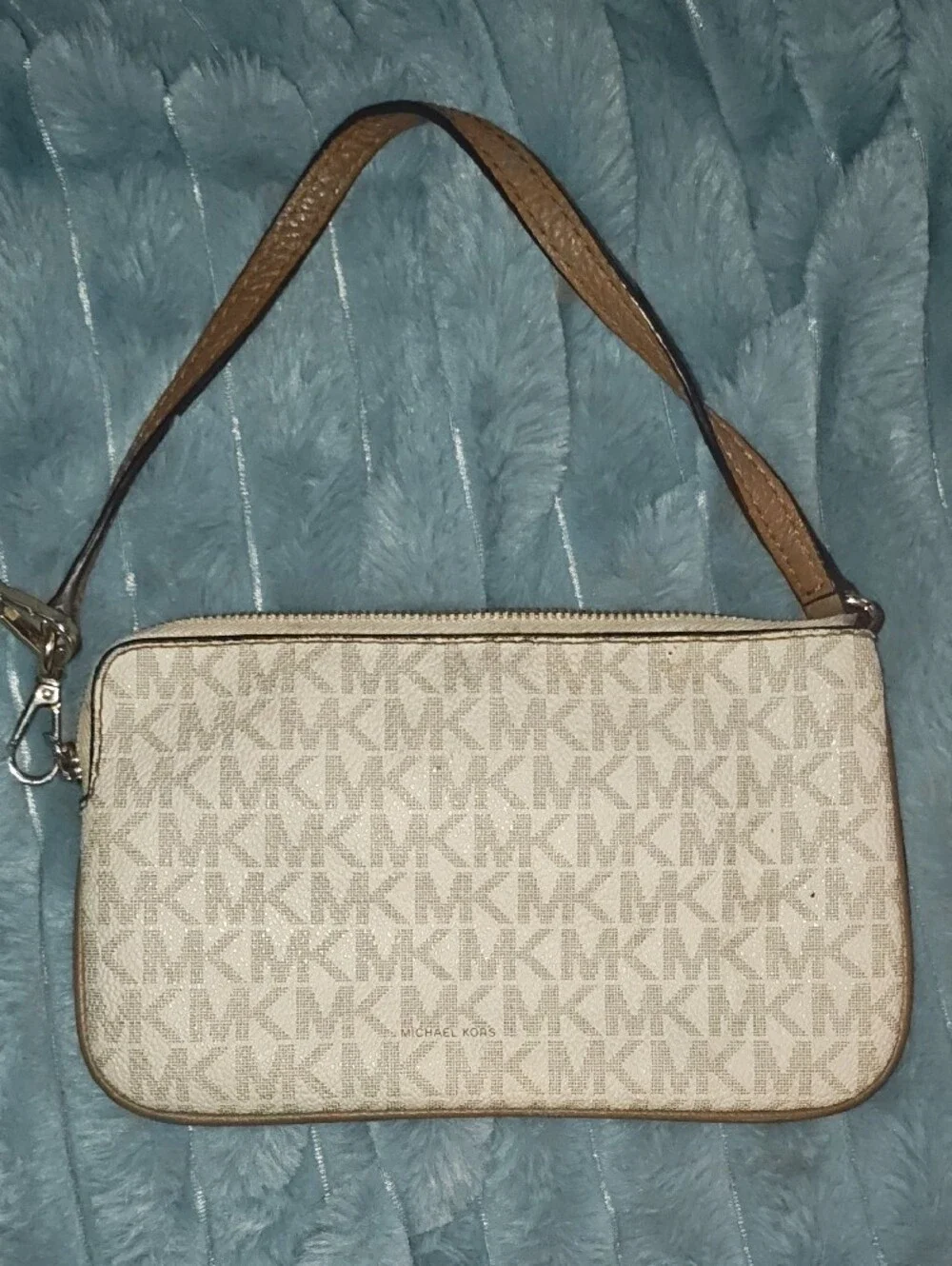 Michael Kors Cream Logo Wristlet Clutch with Brown Strap